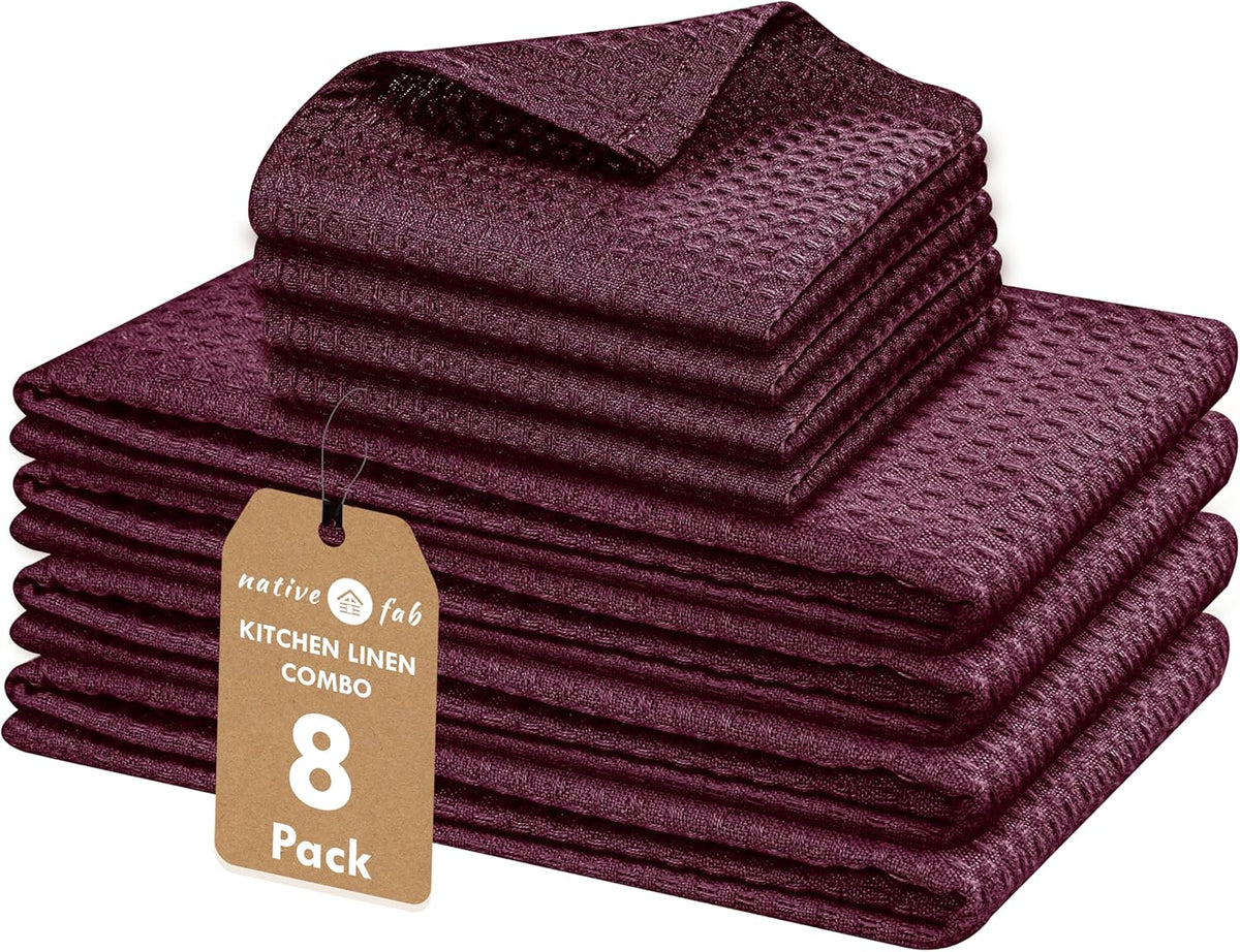 Native Fab Kitchen Towels & Dish Cloth Set, 100% Cotton, 8 Piece, Absorbent, Durable, Washable, Quick Drying Towel for Cleaning, Cooking, Baking