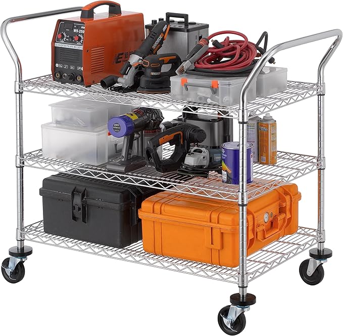 Finnhomy 3-Tier Commercial Grade Rolling Cart, Heavy Duty Utility Cart with Wheels and Handles, Metal Kitchen Carts on Wheels with 600 lbs Capacity, Shelf Size 24" D x 40" W, NSF