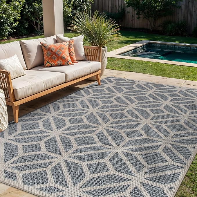 Rugshop Blue Contemporary Geometric Indoor/Outdoor Area Rug — Hose Washable for Living Room, Dining Room and Office, 6'6" x 9'