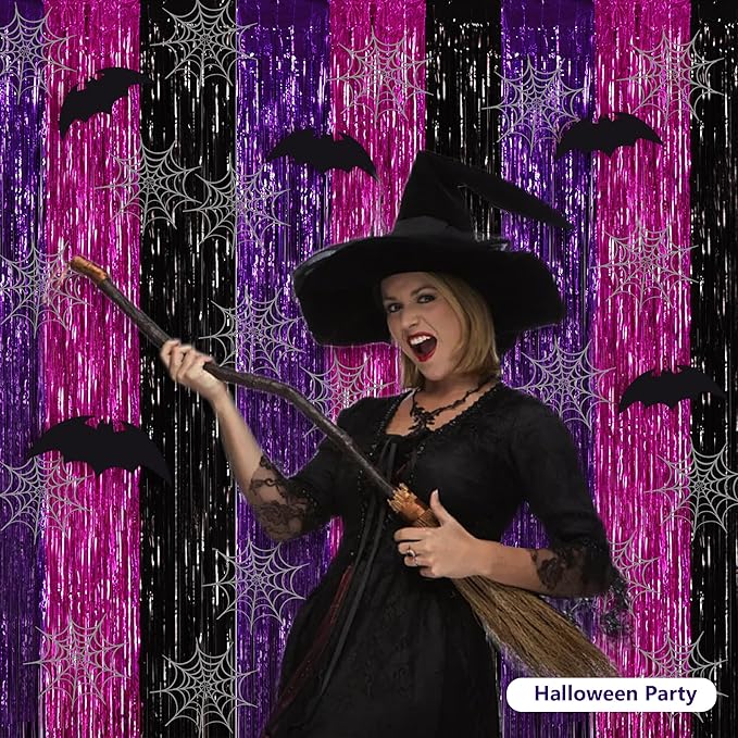 BEISHIDA 3Pcs Purple Pink Black Door Streamers Backdrop Foil Fringe Tinsel Curtains Backdrops for Birthday Witch Theme Halloween Party Decoration (3.28 ft x 6.56 ft)