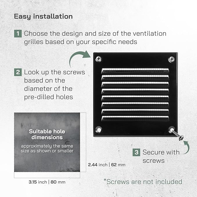 Vent Systems 4'' x 4'' Inch (Overall Dimensions) - Black Air Vent Cover - Metal Air Return Grill with Built in Guard Screen - HVAC Ducting Vent Duct Cover for Interior, Exterior Use
