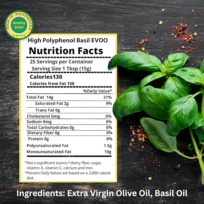 M.G. Pappas High Polyphenol Rich Basil Infused Olive Oil - Extra Virgin Olive Oil - Over 500mg/kg - Cold Pressed & Unfiltered