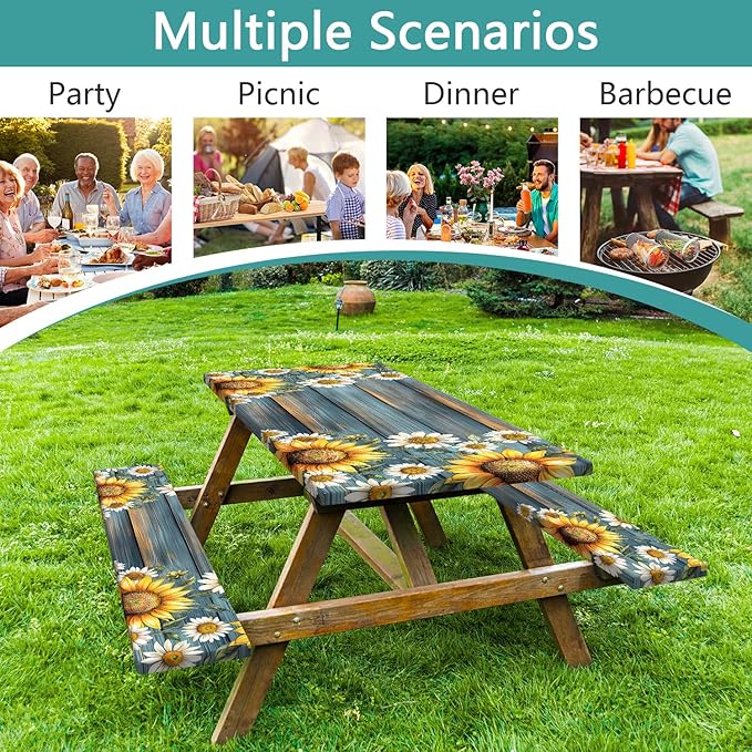 Picnic Table Cover with Bench Covers Camping Essentials Waterproof Windproof Camping Tablecloth with Drawstring Bag, Fitted Rectangle Tables and Seats, 60in, Teal Wooden Sunflower