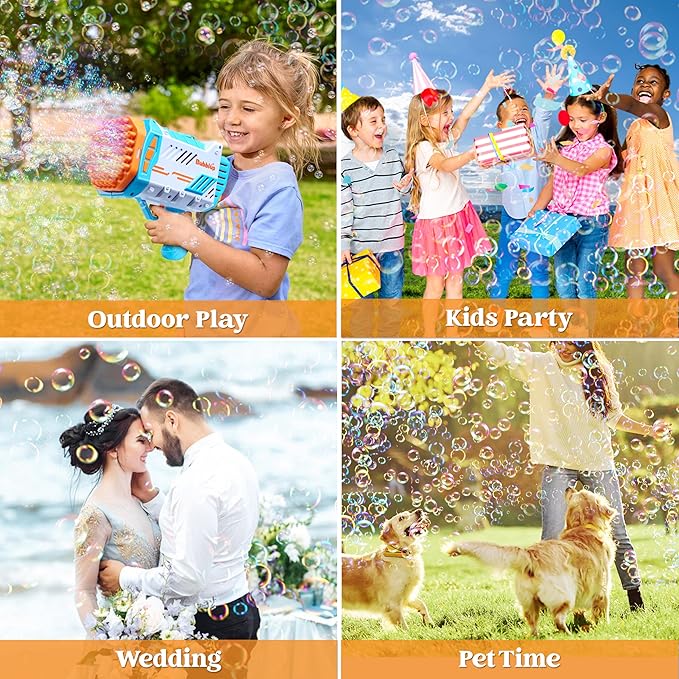 JOYIN Sloosh Bubble Machine Guns, 69 Holes Bubble Gun Blaster Blower for Kids Adults, Colored Light Bazooka Rocket Shape with Solution Outdoor, Summer Toy, Gift, Party Favor, Wedding, Birthday, Easter