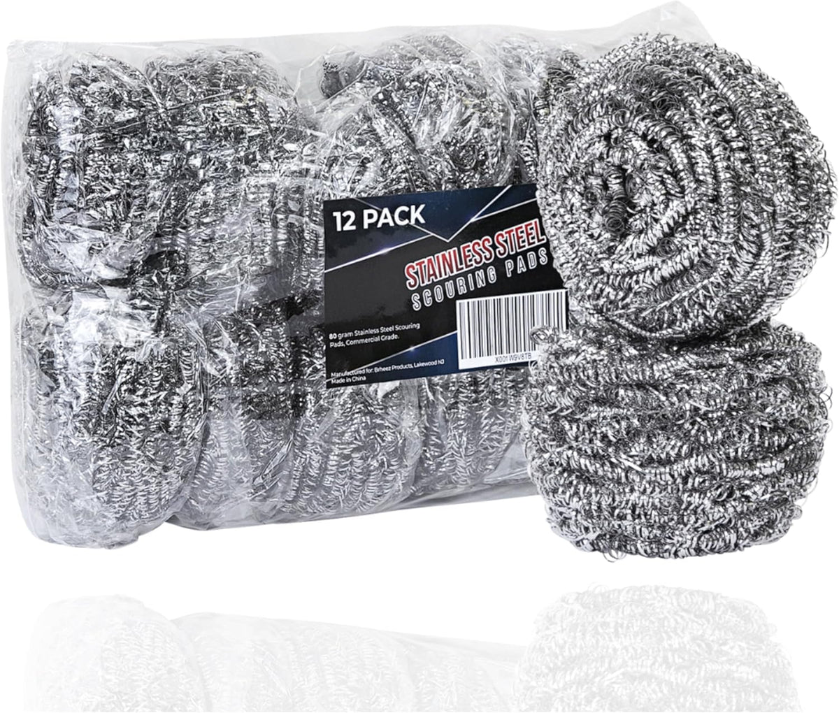 Brheez Stainless Steel Cleaner Scouring Pads [12 Pack] - Industrial & Commercial Strength Large Cleaning Supplies Dish Sponge - Individually Wrapped 30 Gram