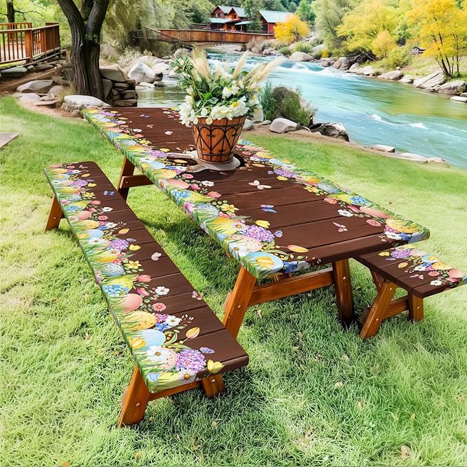 Easter Picnic Table Cover with Bench Covers Elastic Edges, Cute Bunny Flower Brown Wood Fitted Table Cover, Outdoor Patio Camping Essentials, Waterproof Camping Fitted Tablecloth, 3PCS, 30x72 Inch