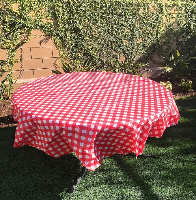 Oojami Pack of 4 Round Checkered Tablecloth - Red & White Plastic Disposable Table Covers for Parties and Events - 78" Diameter