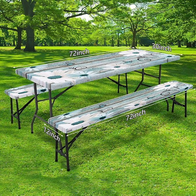 Rustic Daisy Picnic Table Cover with Bench Covers, Waterproof Farmhouse Vintage Floral on Wooden Board Teal Sunflowers Tablecloth for Camping Indoor Outdoor Party Decorations, 30X60in