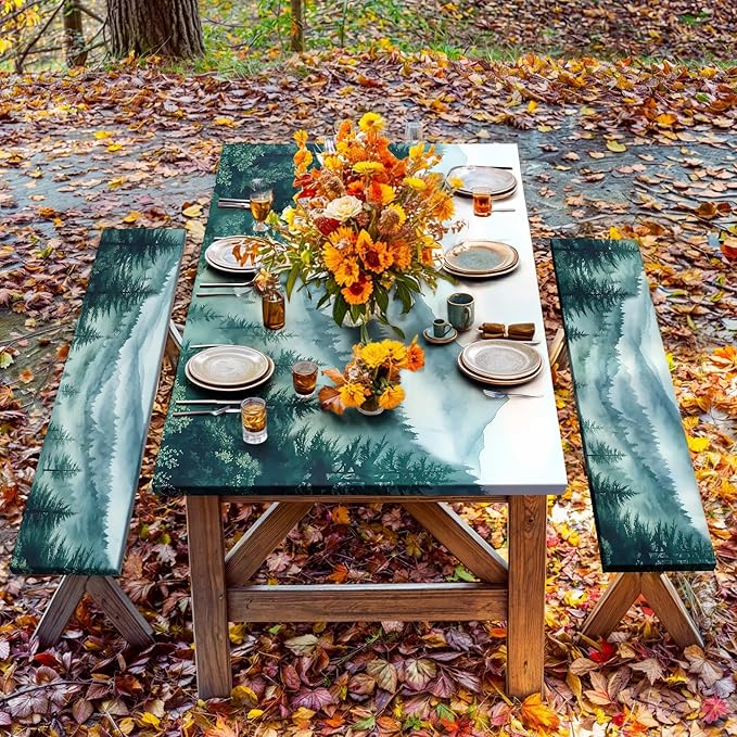 JAWO Green Forest Picnic Table Cover - Fitted Tablecloth with Elastic Edge,Camping Design for Outdoor Camping, BBQ Decor, 72x30 Inch