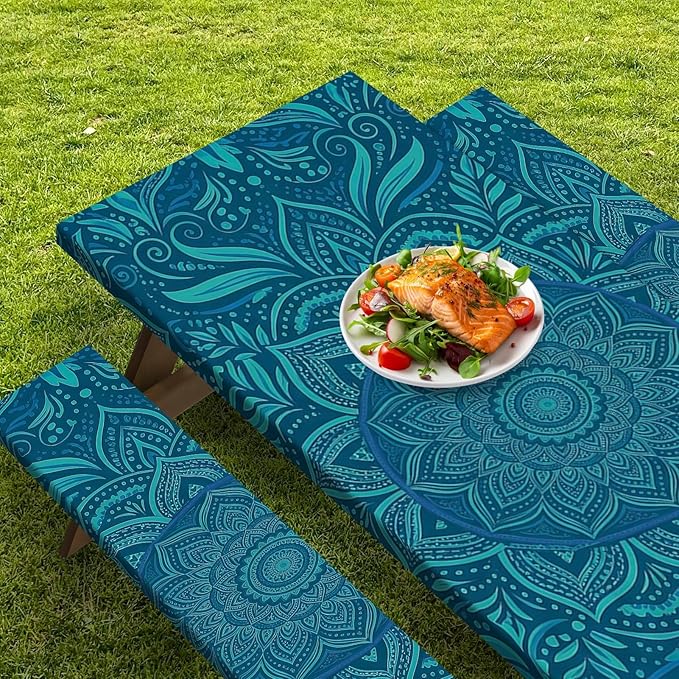 Picnic Table Cover with Bench Covers Elastic Edges, Boho Teal Camper Fitted Table Cover, Outdoor Camping Essentials 72 Inch 3PCS, Waterproof Camping Fitted Tablecloth with Drawstring Bag