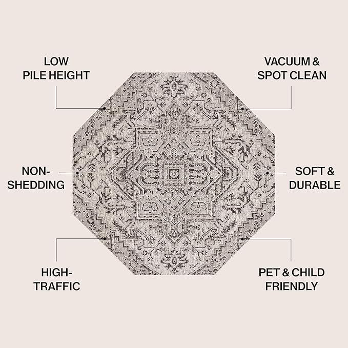 JONATHAN Y Boho Medallion Indoor Outdoor Octagon Area Rug 5 Ft Black/Gray, Estrella Textured Weave for Backyard, Patio, Porch, Easy-Cleaning, High Traffic, Pet-Friendly, Non-Shedding (SMB105D-5TGN)