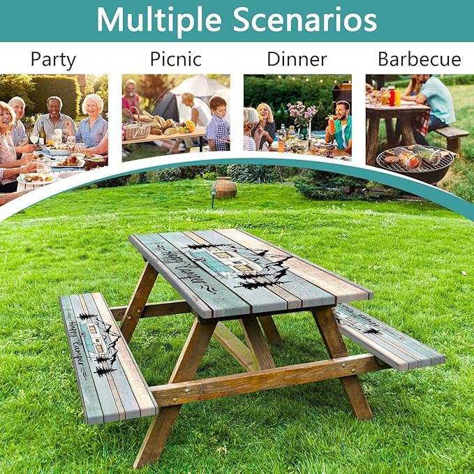 Happy Campers Picnic Table Cover with Bench Covers, RV Camping Tablecloth Fitted Picnic Table Covers, Country Wooden for Rectangle Tables Family Garden Outdoor Party Decorations, 30X72in