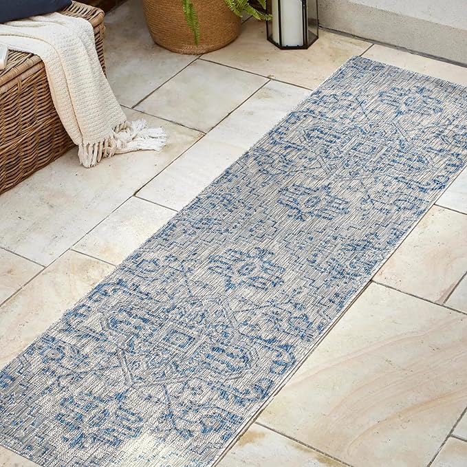 JONATHAN Y Boho Medallion Indoor Outdoor Runner Rug 2X8 Navy/Gray, Estrella Textured Weave for Backyard, Patio, Porch, Easy-Cleaning, High Traffic, Pet-Friendly, Non-Shedding (SMB105B-28)