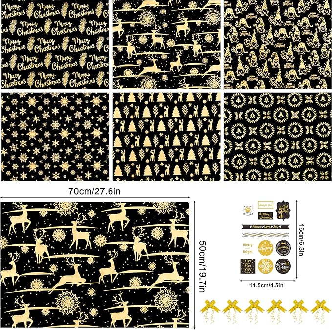 Larcenciel Metallic Christmas Wrapping Paper Set, Black and Gold Holiday Gift Wrapping Paper w/Gift Bow Sticker, Gnome Snowflake Deer Glitter Foil Xmas Gift Wrap for Winter Nightmare, 6 Sheets 28x20in