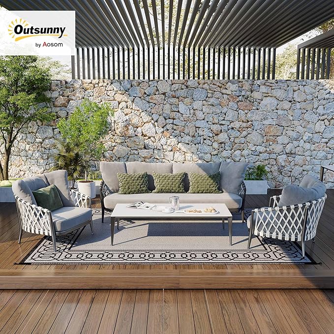 Outsunny Outdoor Rug for Patio, 9' x 12' Waterproof Large Mat, Reversible Plastic Straw Rug for Decor, Portable Outside RV Camping Area Carpet Mat for Backyard Porch Deck Picnic, Black & Gray Border