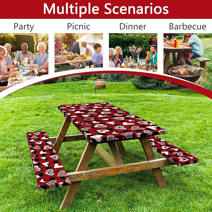 Valentines Day Picnic Table Cover with Bench Covers, Camping Essentials, Heart Buffalo Plaid Outdoor Table Covers, Waterproof Windproof, Fitted Tablecloth Cover with Elastic Edge, 3 PCS, 30x72 Inch