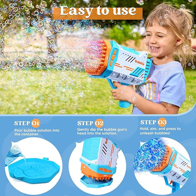 JOYIN Sloosh Bubble Machine Guns, 69 Holes Bubble Gun Blaster Blower for Kids Adults, Colored Light Bazooka Rocket Shape with Solution Outdoor, Summer Toy, Gift, Party Favor, Wedding, Birthday, Easter
