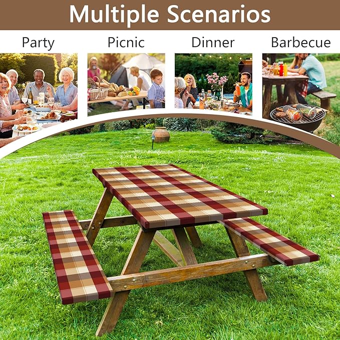 Checkered Style Picnic Table Cover with Bench Covers, Camping Essentials, Plaid Waterproof Windproof, Fitted Tablecloth Cover with Elastic Edge, for Indoor, Outdoor, 3 PCS, 30x72 Inch