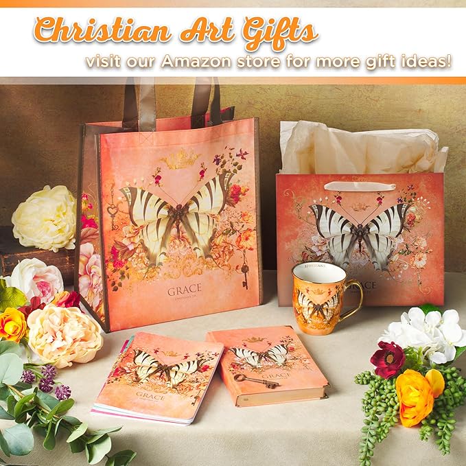 Christian Art Gifts Large Landscape Scripture Gift Bag for Women w/Greeting Card & Tissue Paper Set: Grace - Eph. 2:8 Inspirational Bible Verse, Butterfly Multicolor Floral w/Shiny Gold, Deep Orange