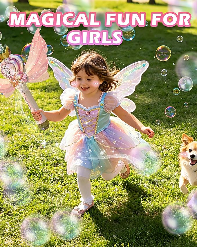 Princess Bubble Wand for Girls, Light Up Bubble Maker with Music & LED Lights, Automatic Bubble Blower Toy with Wings, Leak-Proof Bubble Machine for Kids Outdoor Birthday Party Gifts