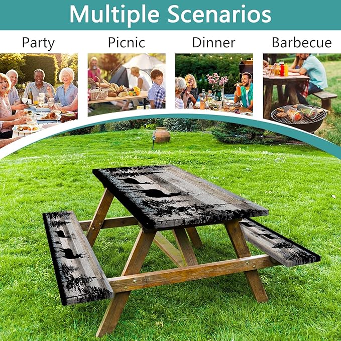Forest Deer Picnic Table Cover with Bench Covers and Bag, Camping Essentials, Waterproof Windproof, Fitted Tablecloth Cover with Elastic Edge, for Indoor & Outdoor, Garden, 3 PCS, 30x72 Inch