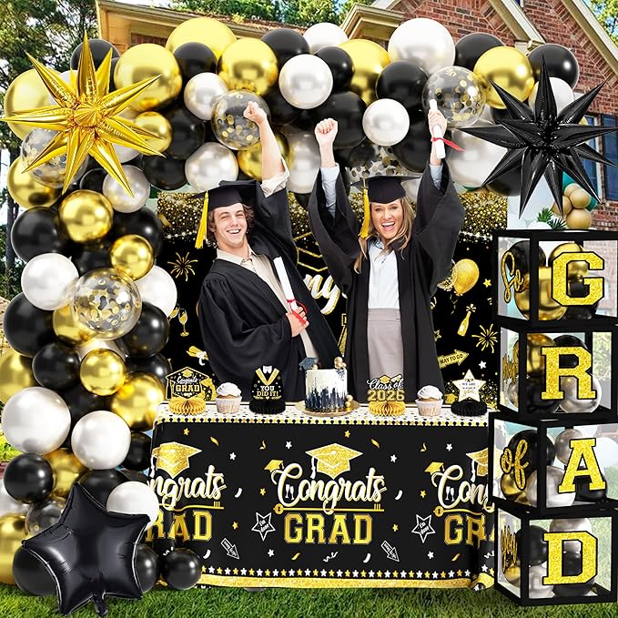 Graduation Decorations Class of 2026 Congrats Grad 2026 Party Supplies Include Backdrop Tablecloth Balloon Boxes with Letters Honeycomb Centerpieces Balloon Arch Kit Foil Balloons (Black and Gold)