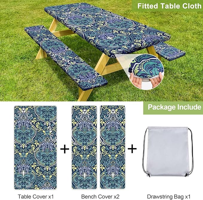Picnic Table Cover with Bench Covers Camping Essentials Waterproof Windproof Camping Tablecloth with Drawstring Bag, Fitted Rectangle Tables and Seats, 72in, Deep Blue Green