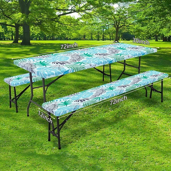 Palm Leaf Picnic Table Cover with Bench Covers, Waterproof Summer Tropical Hawaiian Green Leaves Tablecloth for Camping Indoor Outdoor Party Decorations, 30X96in