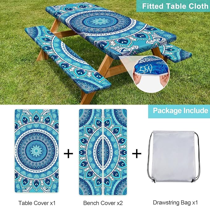 Picnic Table Cover with Bench Covers Camping Essentials Waterproof Windproof Camping Tablecloth with Drawstring Bag, Fitted Rectangle Tables and Seats, 72in, Air Superiority Blue