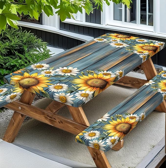 Picnic Table Cover with Bench Covers Camping Essentials Waterproof Windproof Camping Tablecloth with Drawstring Bag, Fitted Rectangle Tables and Seats, 60in, Teal Wooden Sunflower