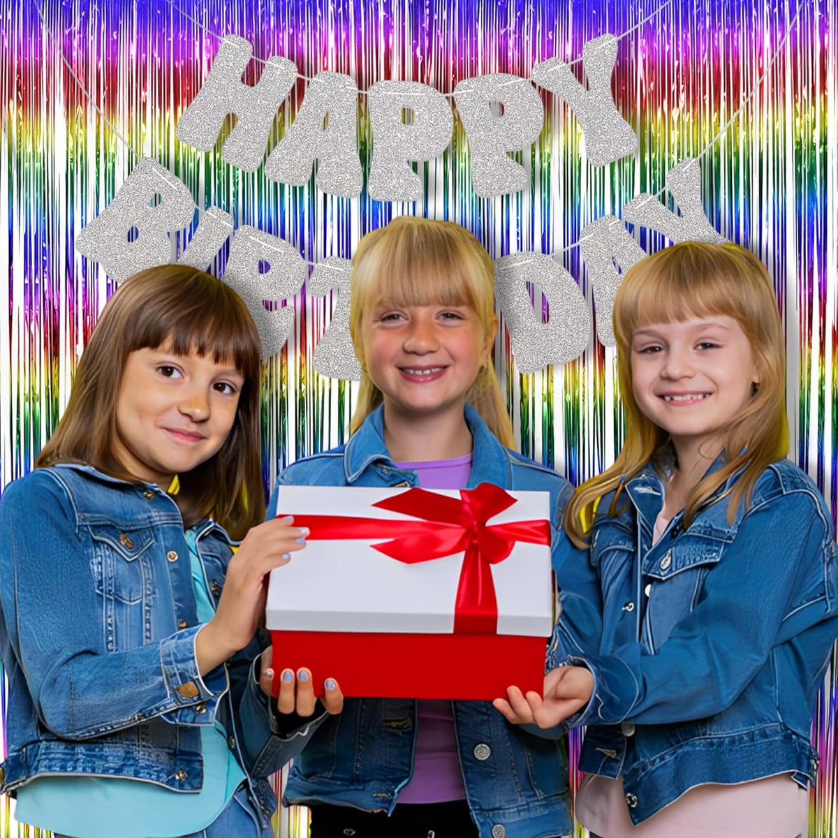 Braveshine Fringe Backdrop Tinsel Foil Curtains - 2 Pack Colorful Metallic Streamers Backdrops for Doorway