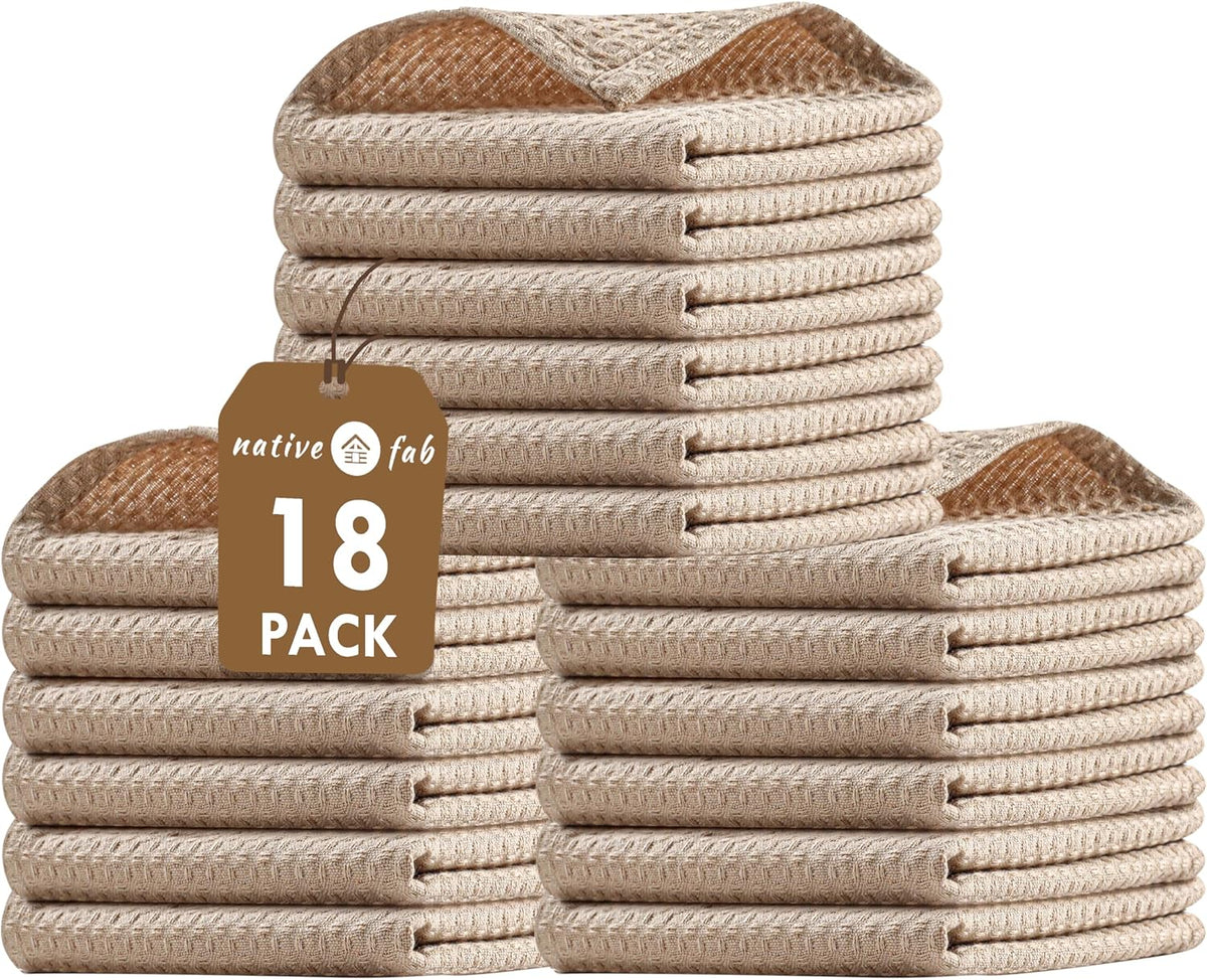 Native Fab 18 Pack Waffle Dish Cloths - 100% Cotton, 12" x 12", Absorbent, Quick Drying, Washable Towels for Cleaning, Cooking, Baking