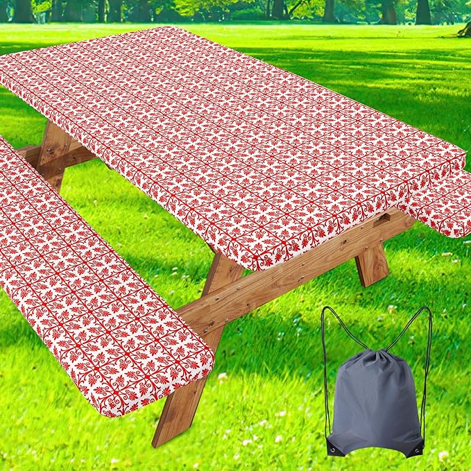 misaya Picnic Table Cover with Bench Cover, Waterproof Elastic Fitted Tablecloth for 6 Foot Tables, Rectangle Washable Polyester Tablecloths for Picnic, Camping, Outdoor (Red, 30" x 72")