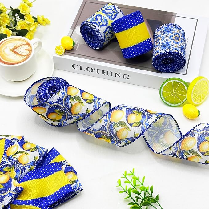 4 Rolls Lemon Wired Edge Ribbon, 2.5 Inch x 20 Yards Summer Yellow Lemon Print Grosgrain Ribbon for Wreath Bow Making, Gift Wrapping, DIY Crafts, Baby Shower, Party Decorations (Blue Lemon)