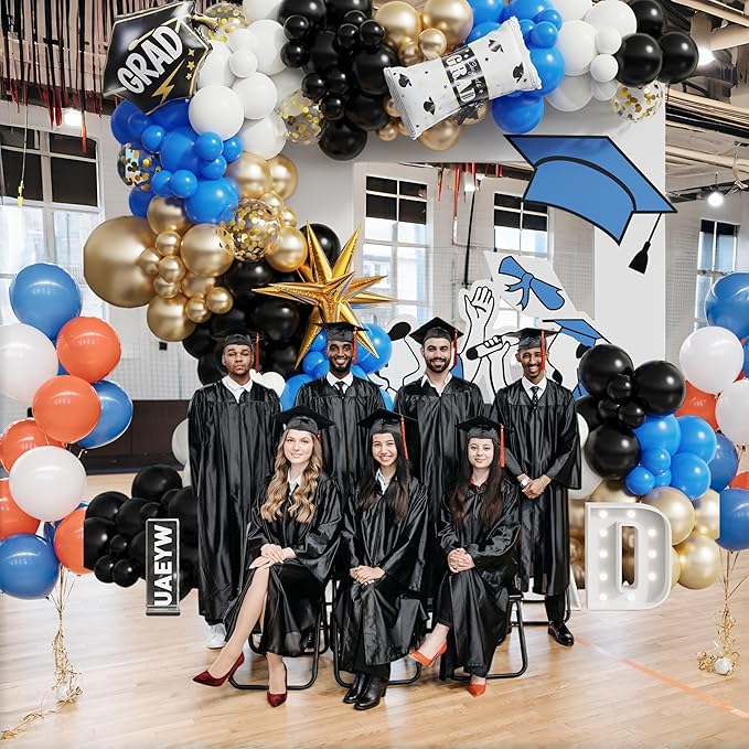 163pcs Graduation Balloon Arch Kit,Graduation Decorations 2026 with Black Gold Blue White Balloons Grad Cap & Diploma Foil Balloon for Congrats Class of 2026 Graduation Party Supplies