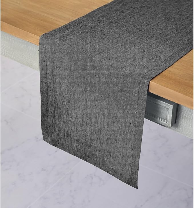 Solino Home Linen Table Runner 120 Inches Long - Athena, 100% Pure Linen Charcoal Grey 14 x 120 Inch Table Runner for Dining, Winter