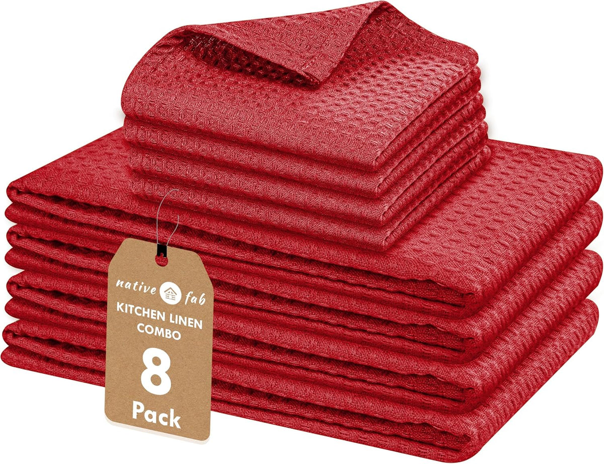 Native Fab 8 Piece Kitchen Towel & Dish Cloth Set - 100% Cotton, Soft, Absorbent, Quick Drying & Durable Cloths for Cleaning, Cooking