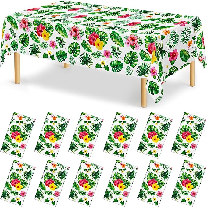 QZYL 12 Pack Hawaiian Luau Tablecloths, 108" X 54" Luau Party Decorations, Plastic Floral Leaf Tablecloth, Disposable Hawaiian Party Decor, Rectangle Tropical Table Cloths for Beach Party Supplies