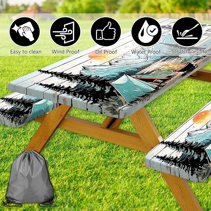 Picnic Table Cover with Bench Covers and Bag, Wooden Camper Waterproof Windproof, Fitted Tablecloth Cover with Elastic Edge, for Indoor & Outdoor, Garden, Camping, 3 Pieces Set, 30x60 Inch