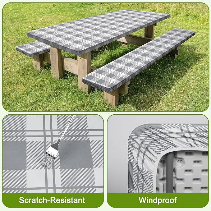 Picnic Table Cover with Bench Covers Windproof Waterproof Picnic Table Covers Camping Tablecloth with Self-Storage Bag, 96in, Light Grey