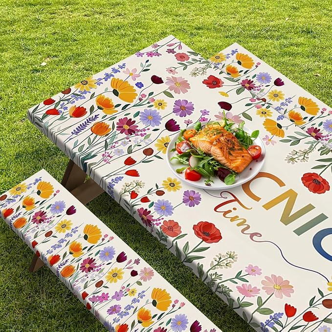 Picnic Table Cover with Bench Covers Elastic Edges, Wildflower Boho Camper Fitted Table Cover, Outdoor Camping Essentials 72 Inch 3PCS, Waterproof Camping Fitted Tablecloth with Drawstring Bag