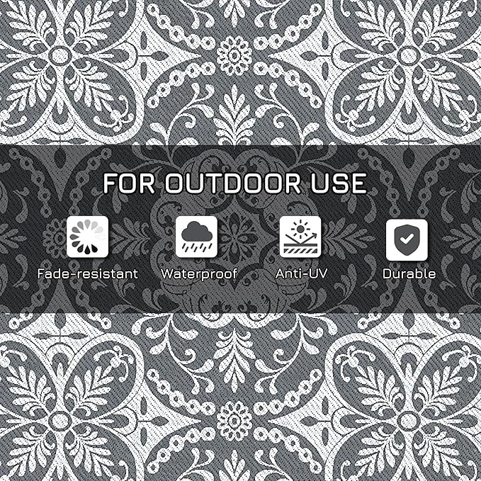 Outsunny Outdoor Rug for Patio, 9' x 12' Waterproof Large Mat, Reversible Plastic Straw Rug for Decor, Portable Outside RV Camping Area Carpet Mat for Backyard Porch Deck Picnic, Gray & White Floral