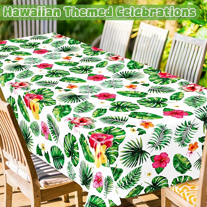 QZYL 12 Pack Hawaiian Luau Tablecloths, 108" X 54" Luau Party Decorations, Plastic Floral Leaf Tablecloth, Disposable Hawaiian Party Decor, Rectangle Tropical Table Cloths for Beach Party Supplies