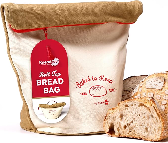 Kneadace Reusable Bread Bags for Homemade Bread -Stylish Sourdough Bread Storage with Roll-Top Design, 100% Cotton & Food-Safe Lining