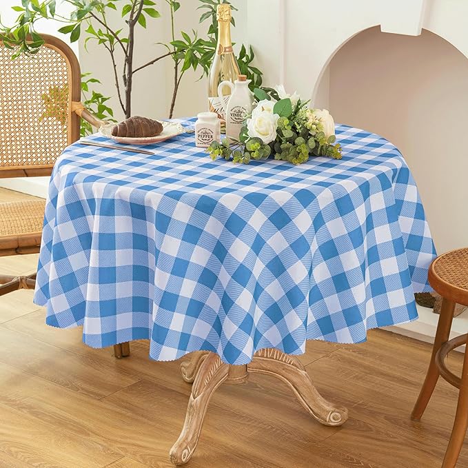 Waterproof Plaid Tablecloth Fabric - Round 50 Inch Classic Gingham Checker Table Cloth for Indoor/Outdoor Use - Buffalo Table Cover for Picnics, BBQs, and Parties