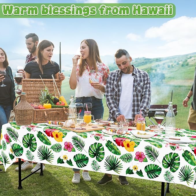 QZYL 12 Pack Hawaiian Luau Tablecloths, 108" X 54" Luau Party Decorations, Plastic Floral Leaf Tablecloth, Disposable Hawaiian Party Decor, Rectangle Tropical Table Cloths for Beach Party Supplies