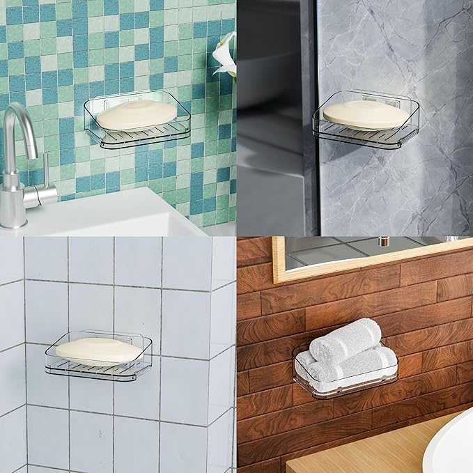 SUOXING Adhesive Bar Soap Holder for Shower Wall,Clear Plastic Soap Savers for Bar Soap,Hanging Soap Rack and Soap Dish Tray for Bathroom with Command,Drill-Free,Pack of 2