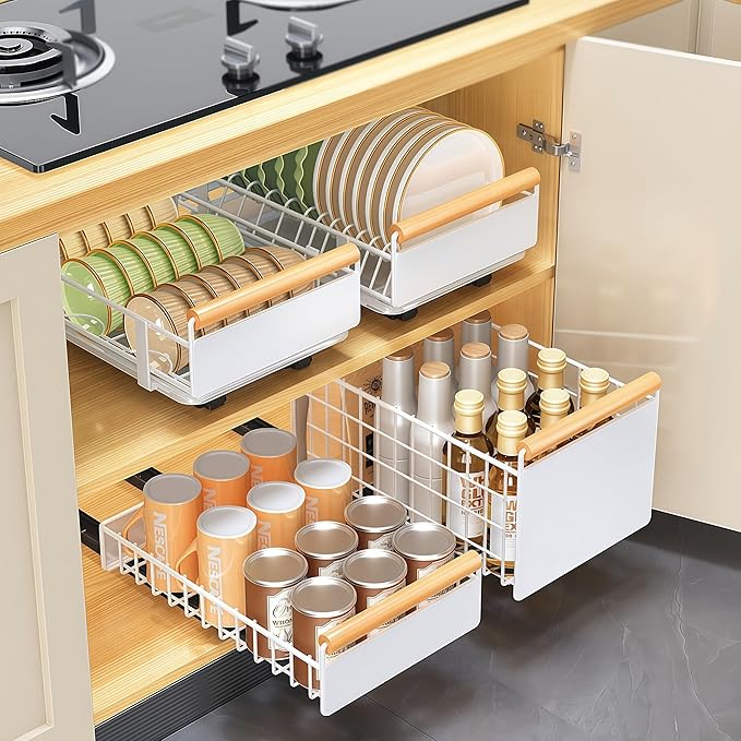 Pull-Out Dish Rack, Plate & Pot Lid Organizer, Slide Out Dish Drying Rack for Kitchen Cabinets, Pull Out Drawer for Kitchen Under Sink Organizer (Plate Rack Extra-Large)
