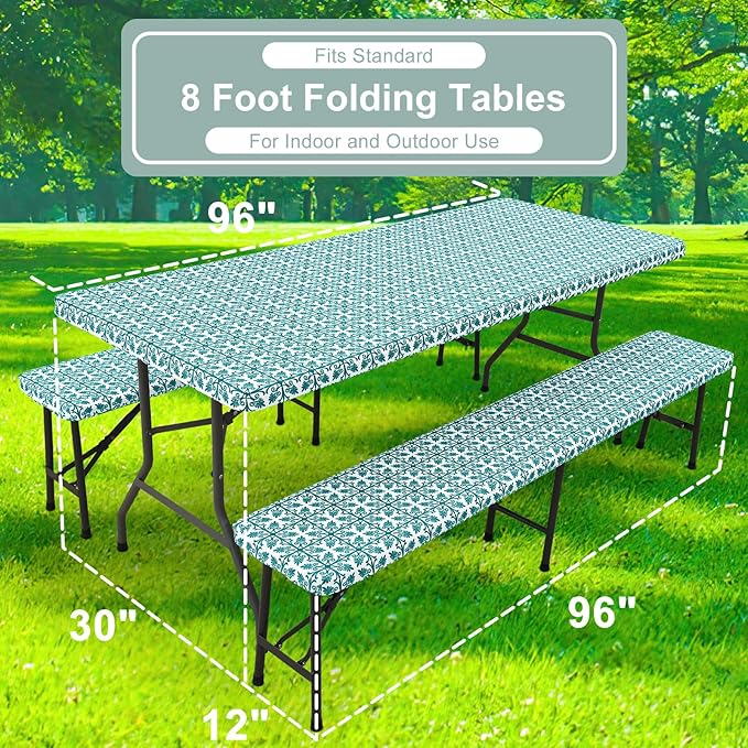 misaya Picnic Table Cover with Bench Cover, Waterproof Elastic Fitted Tablecloth for 8 Foot Tables, Rectangle Washable Polyester Tablecloths for Picnic, Camping, Outdoor (Turquoise, 30" x 96")
