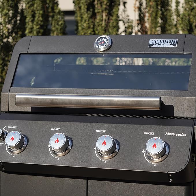 Monument Grills Outdoor Barbecue Stainless Steel 4 Burner Propane Gas Grill, 52,000 BTU Patio Garden Barbecue Grill with Side Burner and Knob Controls, Mesa425 with BBQ Cover